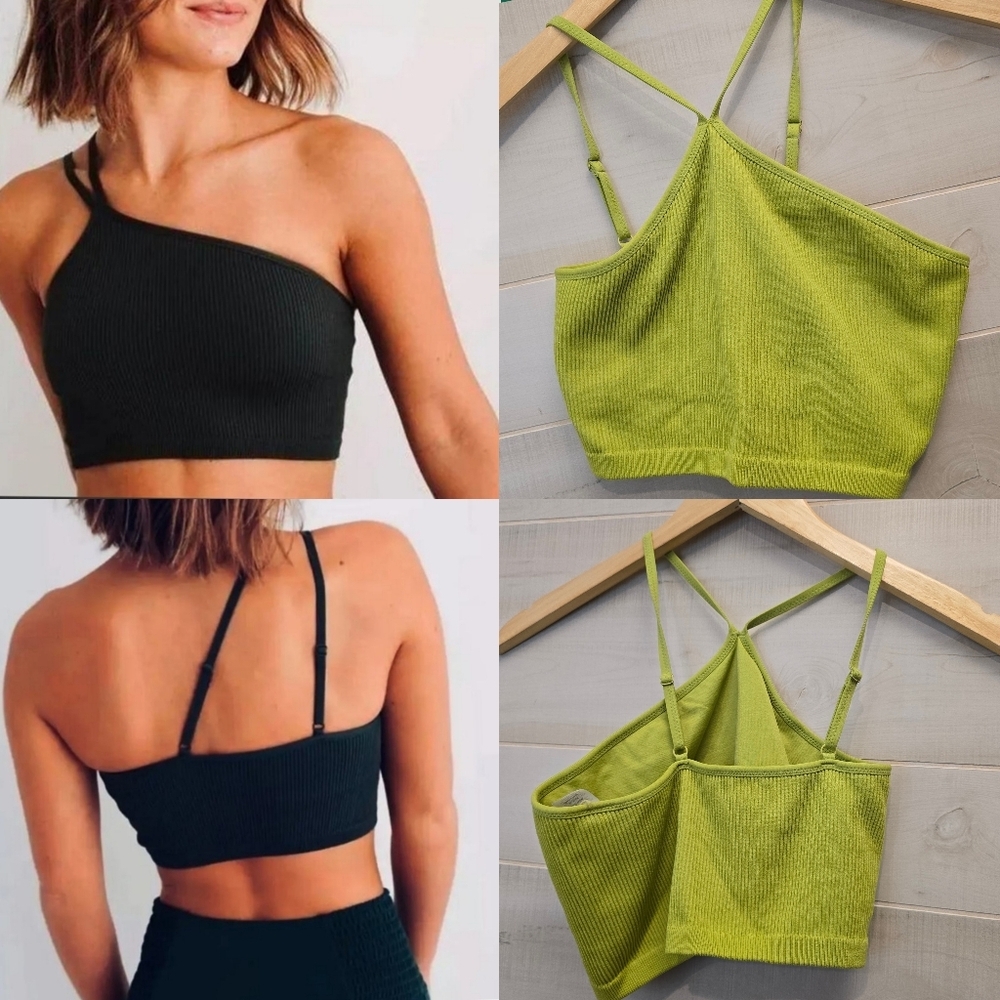 {S} Aerie One Shoulder Double Strap Lime Green Ribbed Bralette Tank